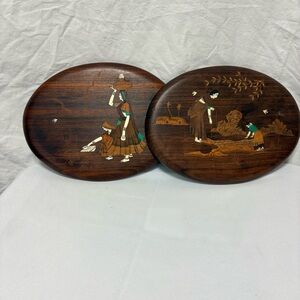 Vintage Indian rosewood wall art plaques with intricate bone inlay designs.